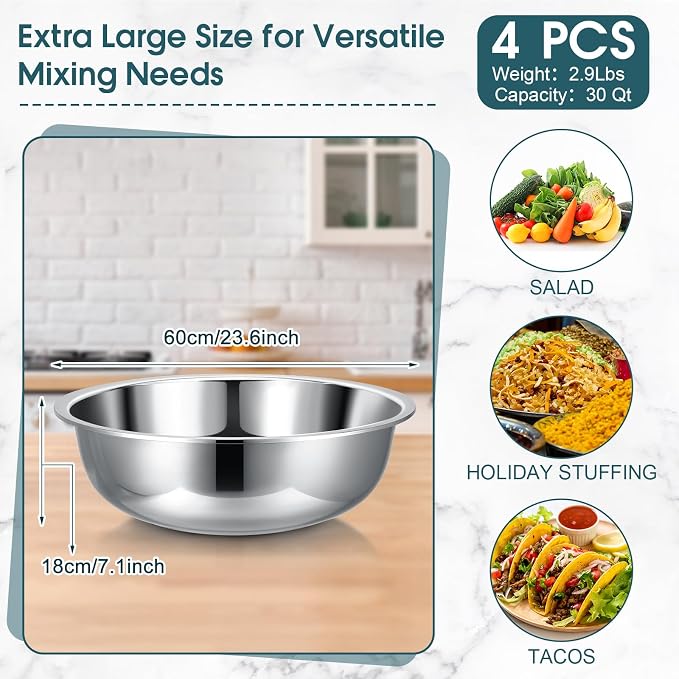 Nuogo 4 Pcs Stainless Steel Mixing Bowls Metal Mixing Bowls Extra Large Basin - Image 2