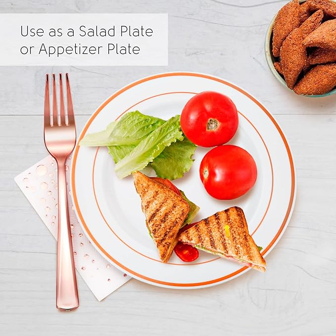 Stylish Rose Gold Dessert Plates, Forks and Cocktail Napkins (100 Set), 7.5 Inch Appetizer Plates or Salad Plates, Wedding Cake Plates, Disposable Plates for Wedding with Rose Gold Napkins
