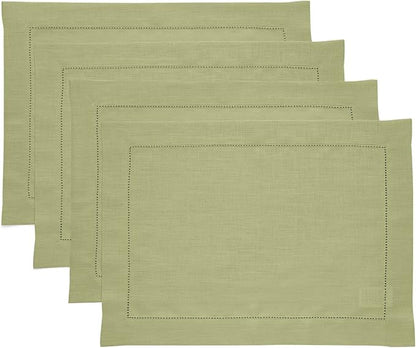 Solino Home Linen Placemats Set of 4 - Classic Hemstitch Moss Green Placemats 14 x 19 Inch - 100% Pure Linen Table Mats for Winter, Spring, Easter, St Patricks Day