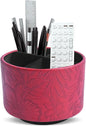 Hennaja Round Leather Art Supply Organizer,Remote Control Holder,360 Degree Spinning,Multi-Functional Pencil Holder,4 Compartments Desktop Stationary Organizer(1-Carved Red)