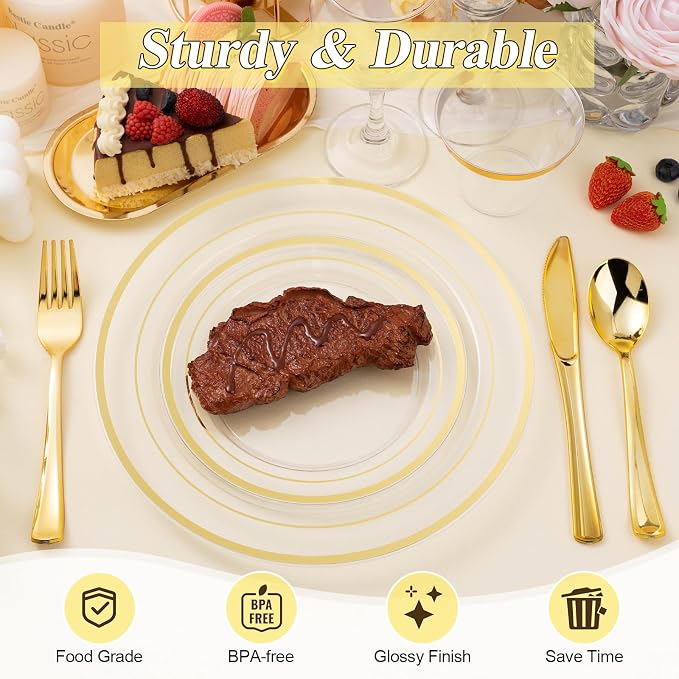 BESTSTAR 100PCS Clear Gold Plastic Plates Set | 50 10.25 inch Dinner Plates and - Image 4