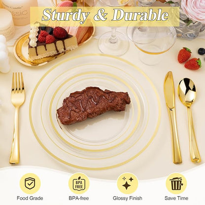 BESTSTAR 100PCS Clear Gold Plastic Plates Set | 50 10.25 inch Dinner Plates and - Image 4