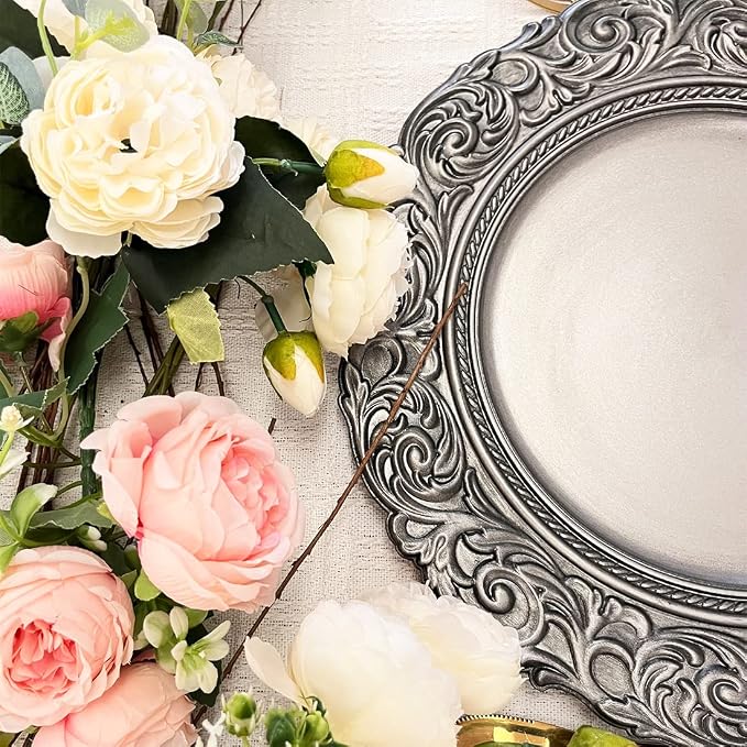 Antique Silver Charger Plates Embossed Rim, 13 Inch Dinner Plate Chargers Round - Image 5
