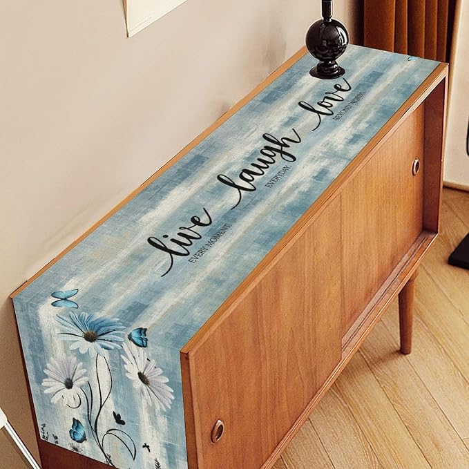 Blue Daisy Floral Table Runner, Spring Summer Floral Flower Boho Butterfly - Image 2
