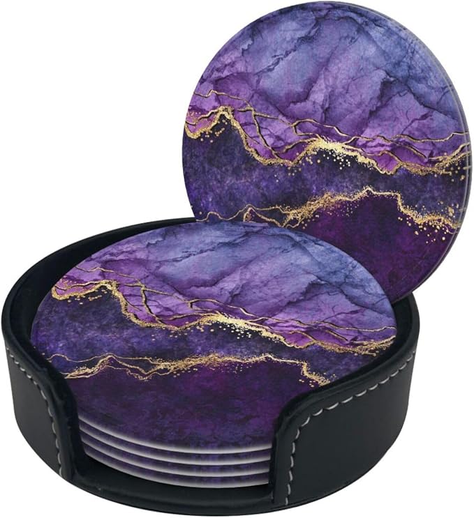 6 Pcs Purple Marble Abstract Gold Leather Coasters - Image 3