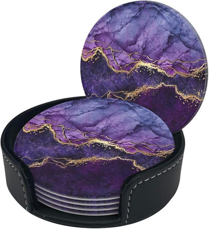 6 Pcs Purple Marble Abstract Gold Leather Coasters - Image 3