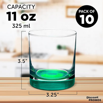 Whiskey Glasses by Libbey 10 oz. Set of 10, Bulk Pack - Heavy Base Old Fashioned Glass, Perfect for Scotch, Bourbon, Whiskey, Cocktail - Green