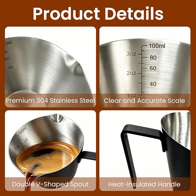 2 Pc Stainless Steel Espresso Shot Cups, 3.4oz/100ml, V-Shaped Mouth - Image 4