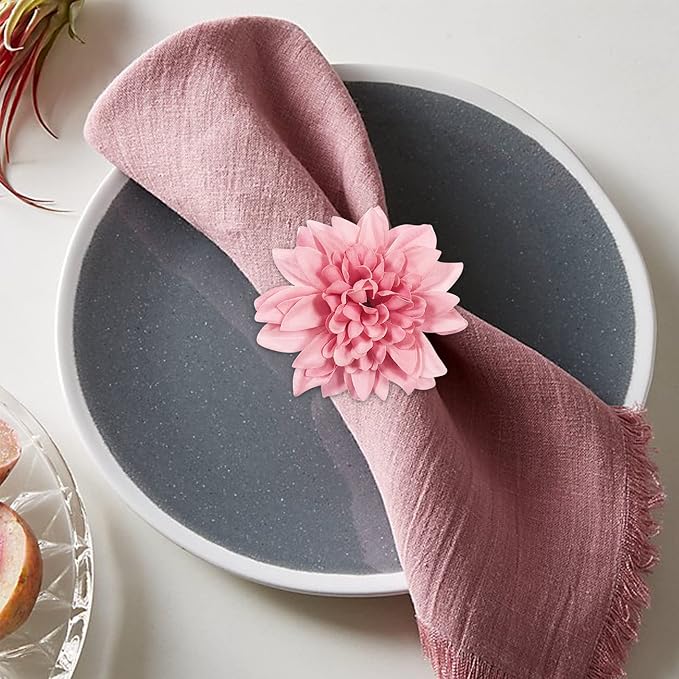 wonlex Farmhouse Flower Napkin Rings Set of 8, Faux Pink Dahlia Napkin Ring - Image 5