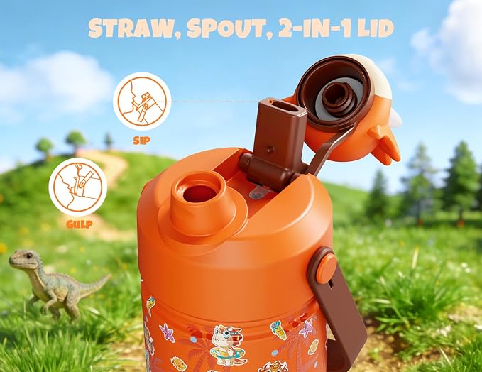 POWCAN 12 oz Kids Water Bottle Insulated: 2-in-1 Straw Spout Lid - Image 3