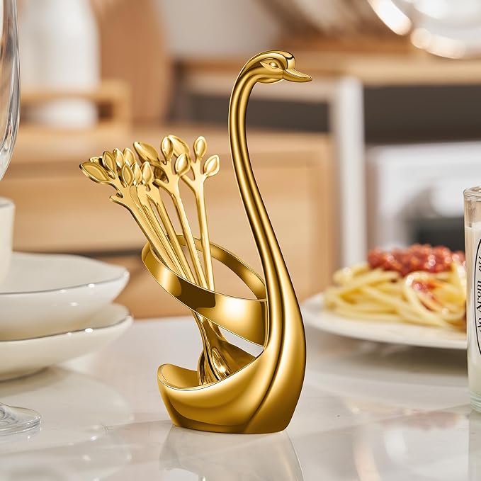 AnSaw Gold Swan Base With 10-Pcs Mini Leaf Coffee Spoon Holder Set - Image 5