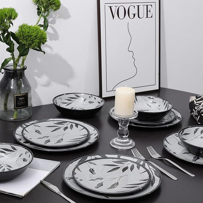 12pcs Melamine Dinnerware Set - Service for 4 Melamine Plates and Bowls Set, Unbreakable Dinner Salad Dessert Plate, Cereal Bowl Set for Indoor/Outdoor, Gray Leaf