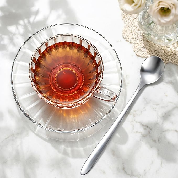 Noamus 6 Pack Glass Teacup and Saucer&Spoons Set, 5Oz/150ml Clear Coffee Mugs - Image 3