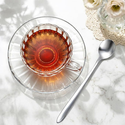Noamus 6 Pack Glass Teacup and Saucer&Spoons Set, 5Oz/150ml Clear Coffee Mugs - Image 3