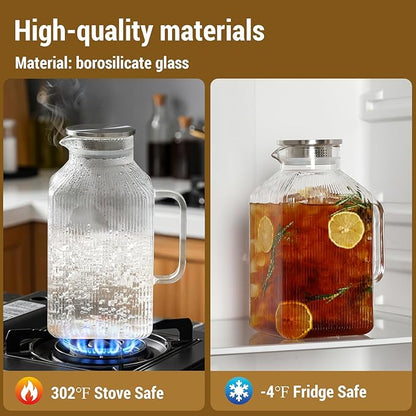 2 Pack 1 Gallon thickened Square Glass Pitcher with Lid, Classic Stripes Water Pitchers for Fridge, Borosilicate Glass Carafe for Hot/Cold Brew Drink, Extra Large Jug with Handle for Iced Tea, Coffee