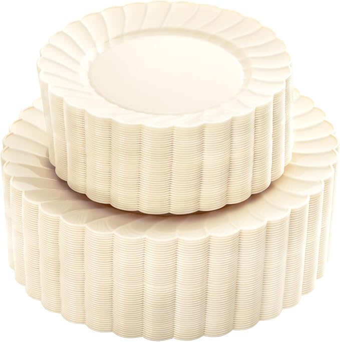 YOUBET 100PCS Ivory Scalloped Plastic Plates by YOUBET