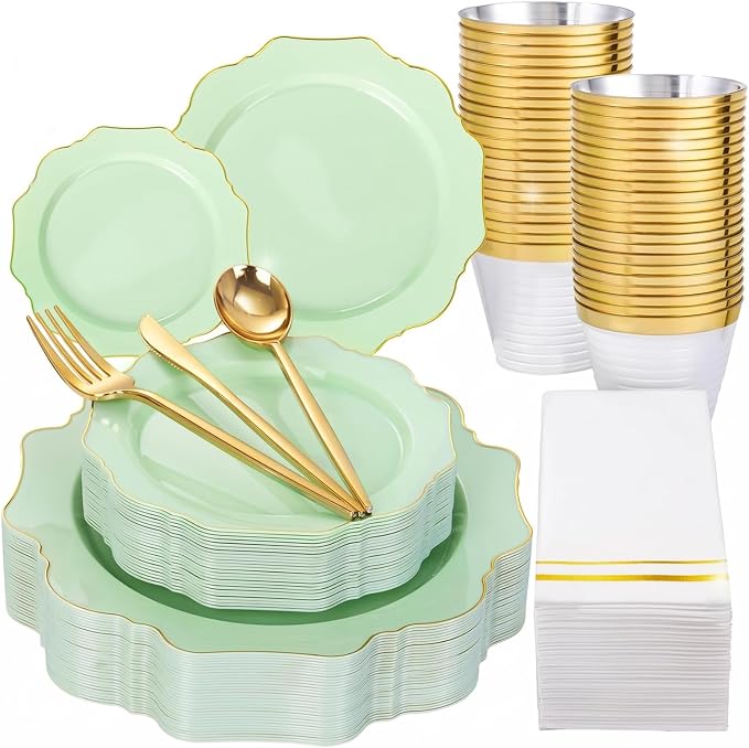 175Pcs Sage Green Plastic Plates by WDF