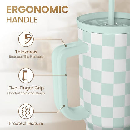 Checkered Tumbler with Handle 40oz, Mint Checker Cup Stainless Steel Insulated - Image 3