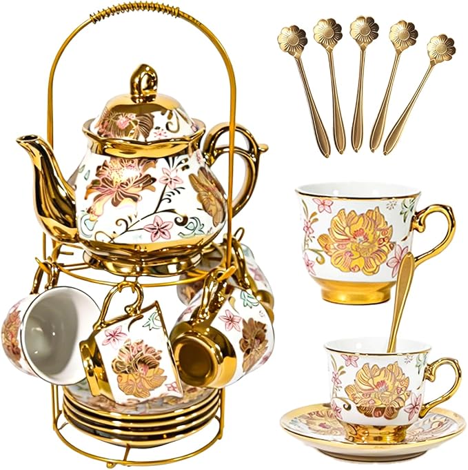 CHANJOON Gold Plated Red Rose Ceramic Tea Set, Vintage Tea Sets by CHANJOON