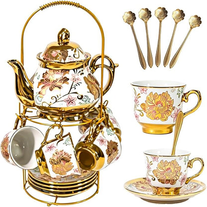 CHANJOON Gold Plated Red Rose Ceramic Tea Set, Vintage Tea Sets by CHANJOON
