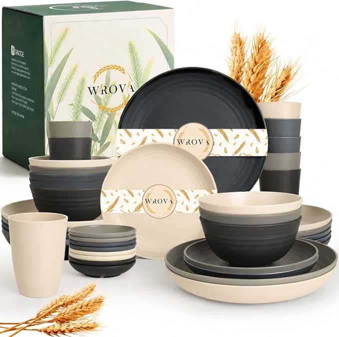 Kitchen Plates and Bowls Sets 40PCS, Wheat Straw Dinnerware Sets by WROVA
