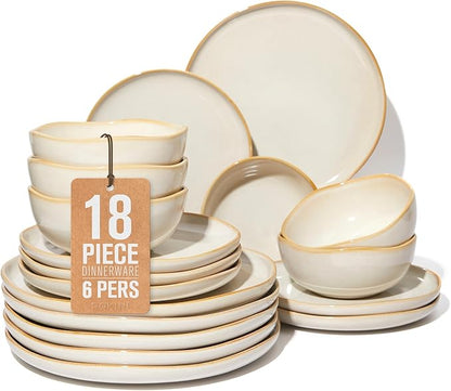 Plates and Bowls Sets for Family of 6, Ceramic Dinnerware Sets, Kitchen Dish Set, Microwave & Dishwasher Safe Dishware, Highly Durable Reactive Glazed Dinner Set, Yellow White