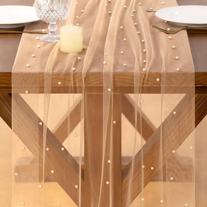 Pearl Table Runner Summer Tulle Gauze Sheer Wedding Party Home Decor | Nude - Image 5