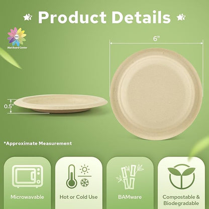 Mat Board Center, 6-Inch, 1000-Count, Compostable Plates, Natural Bamboo Fibers, Everyday Tableware -– Disposable Round Shape - Microwave-Safe - Gluten-Free - Eco-Friendly