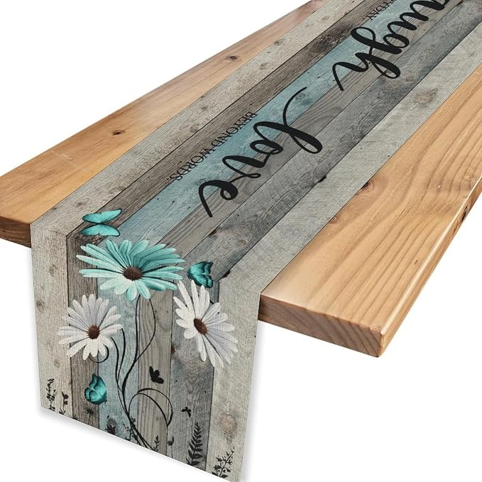 Daisy Floral Table Runner, Rustic Wild Flowers Wooden Boho Spring Butterfly - Image 4