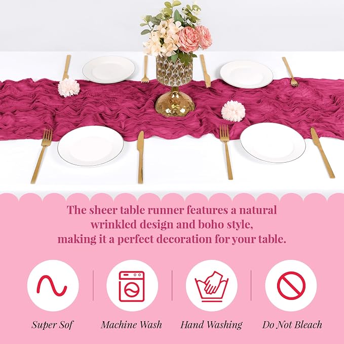 3 Pack Hot Pink Cheesecloth Table Runner, 17 x 108 Inch, Gauze Cheese Cloth - Image 5
