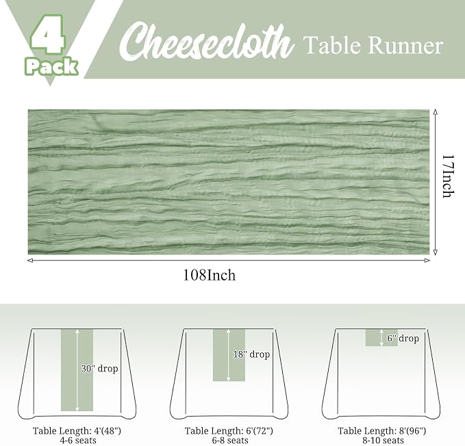 4 Pack Sage Green Table Runner 17 x 108inch Cheesecloth Table Runner Boho Gauze - Image 3
