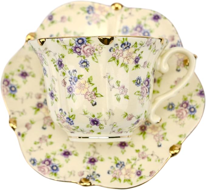 TATSUMI Country Roses Bone China Tea Cup and Saucer Set, 3 Pieces, Vintage Style - Image 2