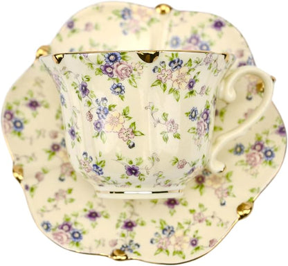 TATSUMI Country Roses Bone China Tea Cup and Saucer Set, 3 Pieces, Vintage Style - Image 2