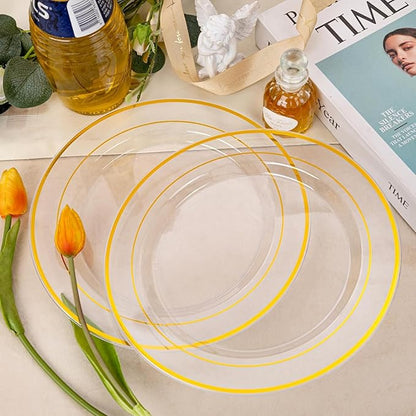 I00000 60PCS Clear Gold Plastic Plates, Clear Plates With Gold Rim 10 Inch,Fancy Disposable Wedding Plate Heavy Duty Plastic Plate for Birthday, Wedding & Party