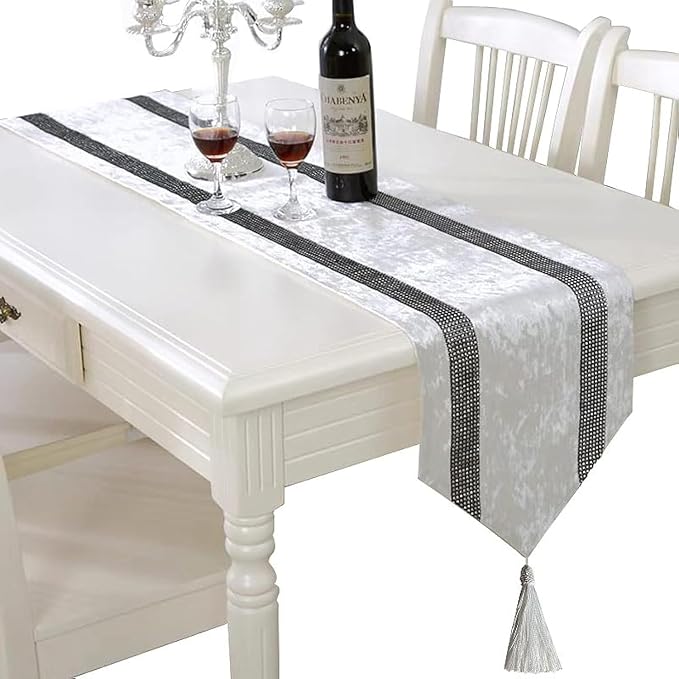 Elegant Sequin Rhinestone Creamy White Table Runner, Ombre Velvet, Double-Layer by Jiino