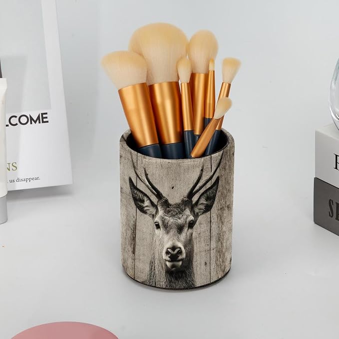 Leather Pen Holder for Desk, Ancient Wooden Wall Deer Pencil Cup Pen Organizer - Image 6
