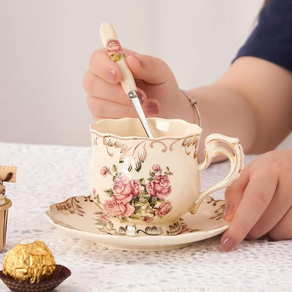 YOLIFE Tea Cups and Saucers Set of 6, 8 OZ Flowering Shrubs | Ivory Vintage - Image 3