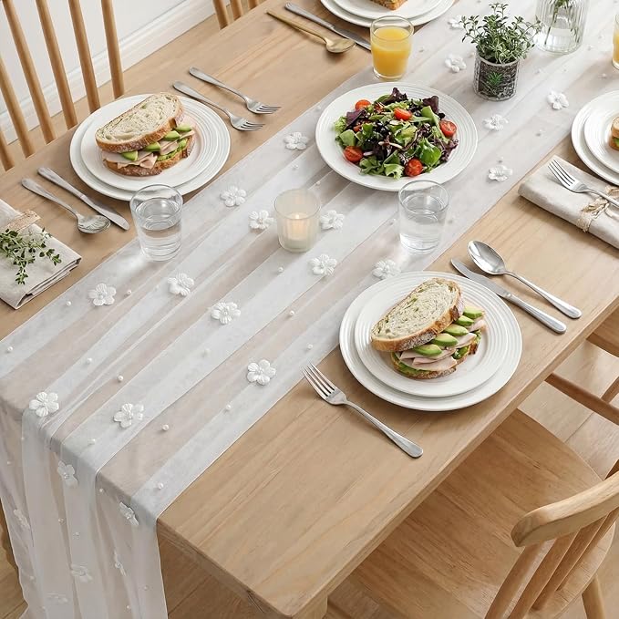 Artoid Mode Flower Pearl White Gauze Table Runner 10FT, Seasonal Sheer Dining - Image 5