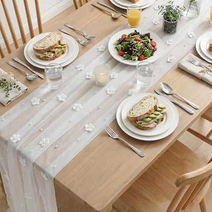 Artoid Mode Flower Pearl White Gauze Table Runner 10FT, Seasonal Sheer Dining - Image 5