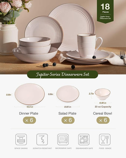 Famiware Jupiter Dinnerware Set, Plates and Bowls Dish Sets for 6 (18 Pieces), Microwave and Dishwasher Safe Stoneware Speckled Tableware, Chip and Scratch Resistant, Light Pink