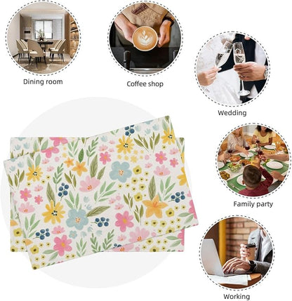 Yellow Pink Blue Floral Spring Placemats Set of 4, 12x18 Inch Watercolor Flower Decorative Table Mats Summer Seasonal Holiday Table Placemats for Party Home Kitchen Dining Table Decoration