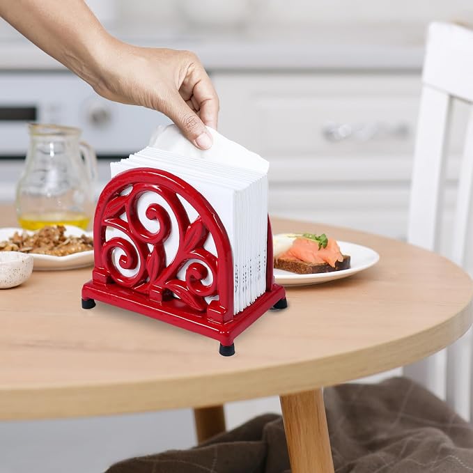 JOGREFUL Cast Iron Napkin Holder, Kitchen Organizer Foliage Scroll Red | - Image 6