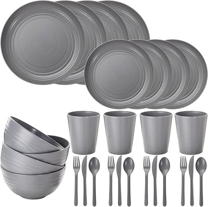LIYH 28 Pcs Dark Grey Plates and Bowls Dinnerware Sets, Dish Set for 4, Unbreakable Reusable Plate, Wheat Straw Plates and Bowls Apply to Kitchen & Camping