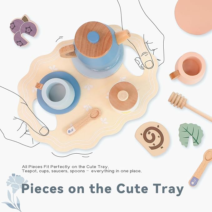 Wooden Tea Set for Little Girls, Play Food Sets for Kids Pretend Play Kitchen - Image 3