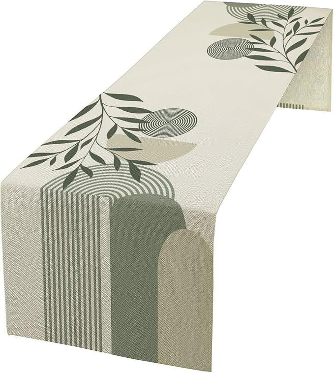 Boho Leaves Table Runner Sage Green Mid Century Modern Abstract Arch Geometric by moderw