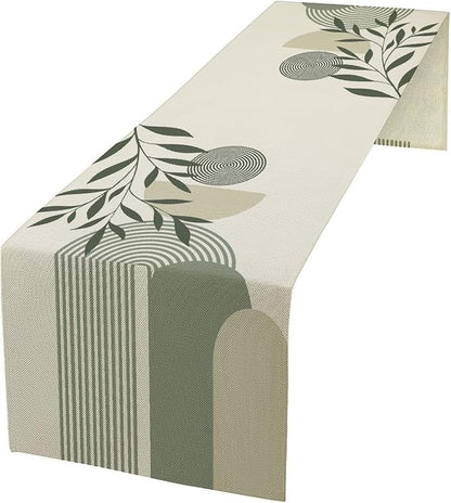 Boho Leaves Table Runner Sage Green Mid Century Modern Abstract Arch Geometric by moderw