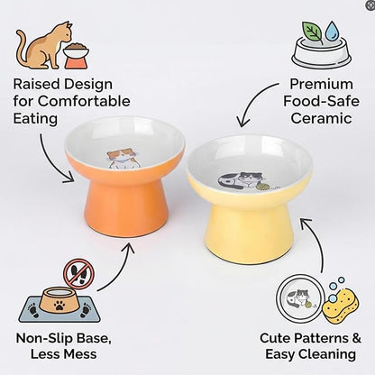 Elevated Cat Bowls,2 Pcs Ceramic Raised Cat Food Bowls with Non-Slip Base,Whisker-Friendly Shallow Design,Lead & Cadmium Free Pet Feeder,Dishwasher and Microwave Safe (Orange&Yellow)