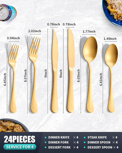 Matte Gold Silverware Set with Steak Knives, 24-Piece Stainless Steel Flatware - Image 2