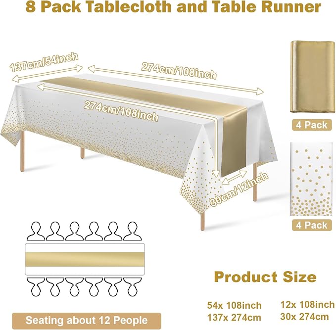 8Pack Disposable Plastic Tablecloths and Satin Table Runner Set White and Gold - Image 2