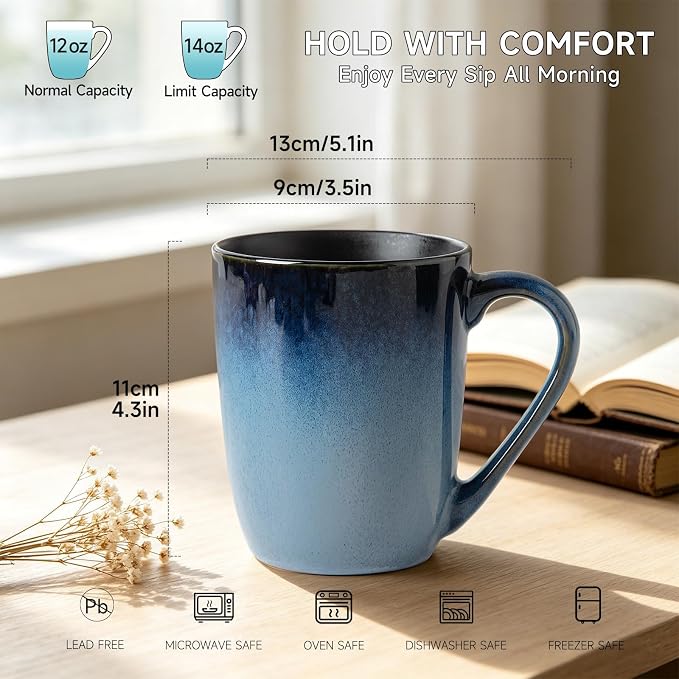 MONITO 14oz Ceramic Coffee Mugs Set of 6, Ice-Snow Blue Mugs - Image 2